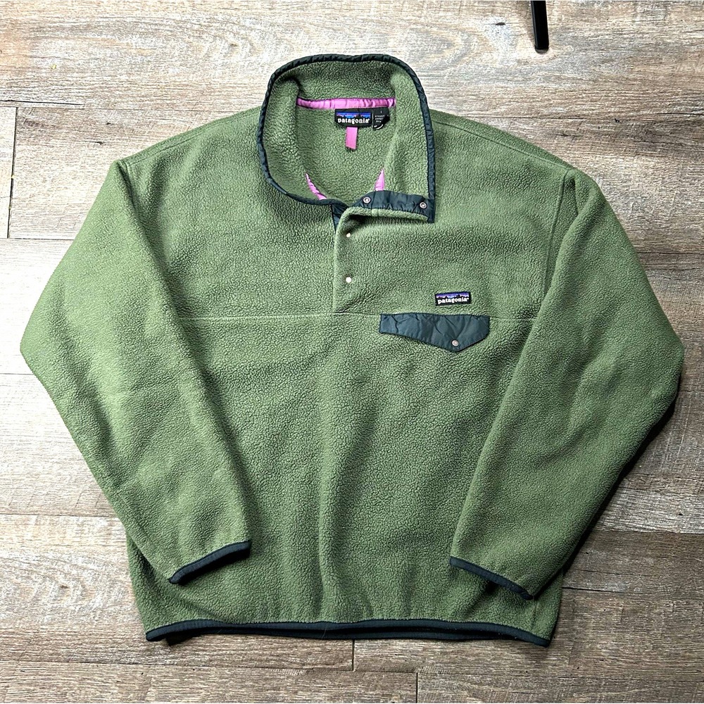 Vintage Patagonia Synchilla Snap-T Fleece Pullover Mens L Olive Green Hiking